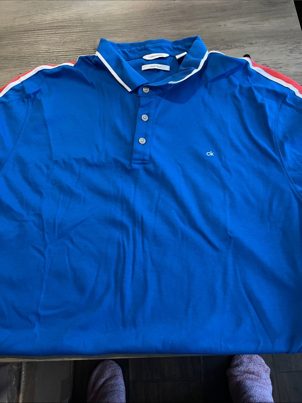#316 Calvin Klein Men’s Royal Blue Polo with Red-Trim Shoulder Stripes